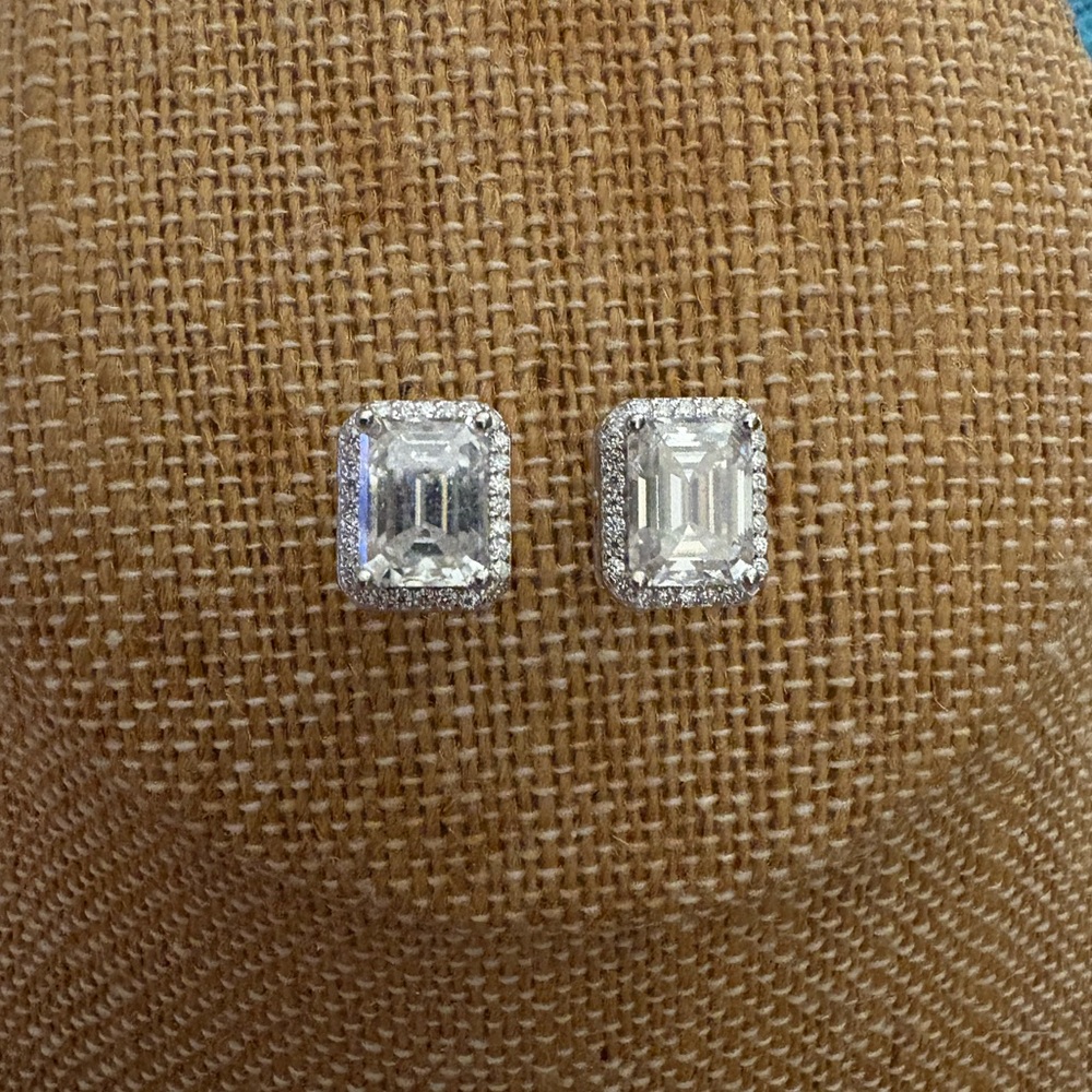 Solid Sterling Silver 4.27 Carat Emerald Cut Halo VVSD Moissanite Earrings
